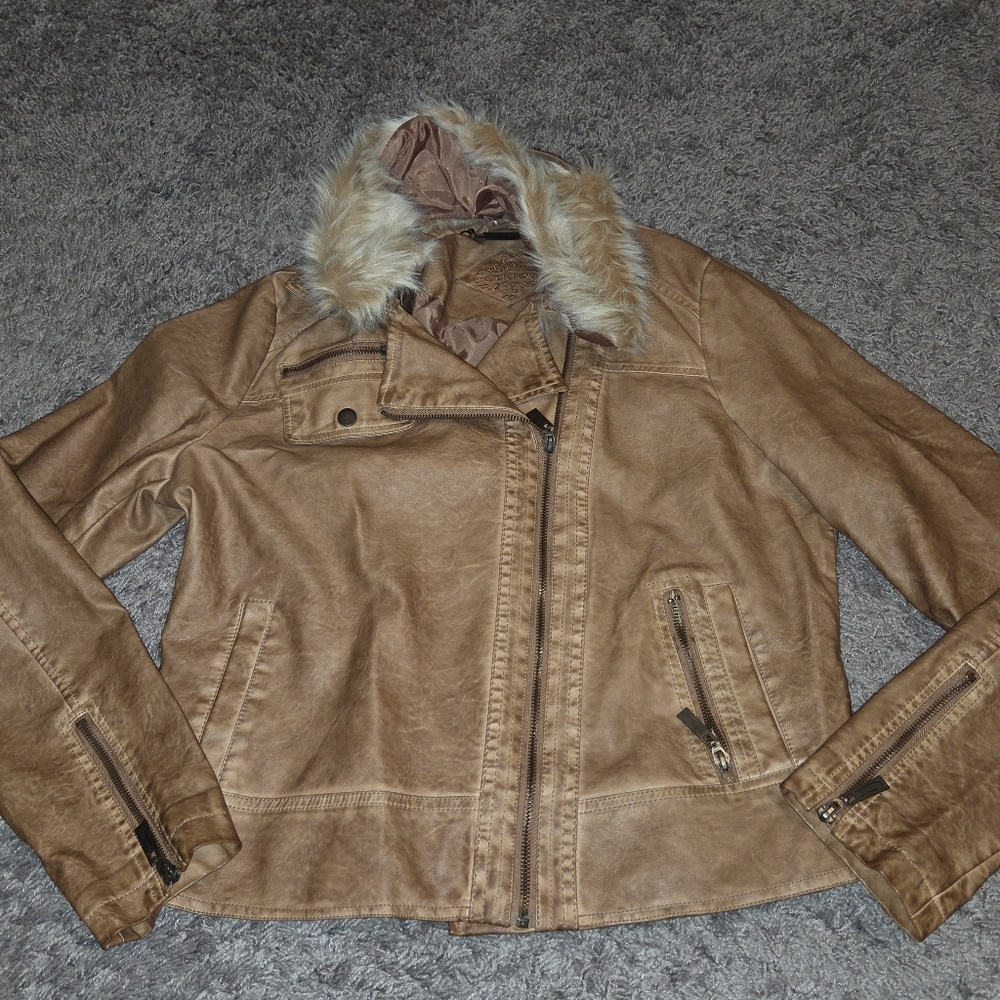 Jou Jou Light Brown Faux Leather Jacket with Fur Trim